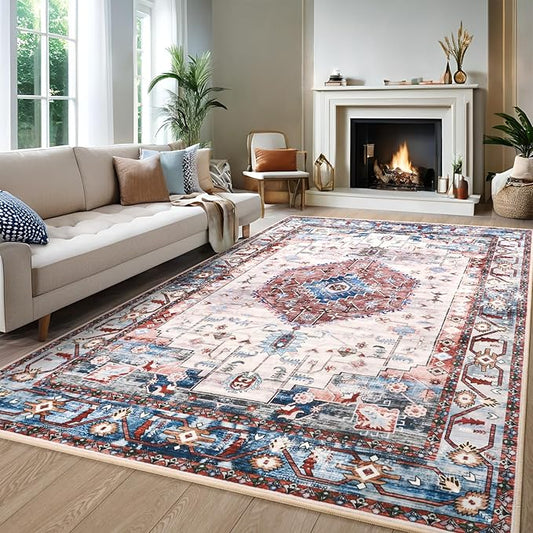 5x7 Area Rugs for Living Room, Non Slip Vintage Floral Rug for Bedroom Dining Room, Low Pile Indoor Carpet for Nursery, Kitchen, Office Home Decor, Red