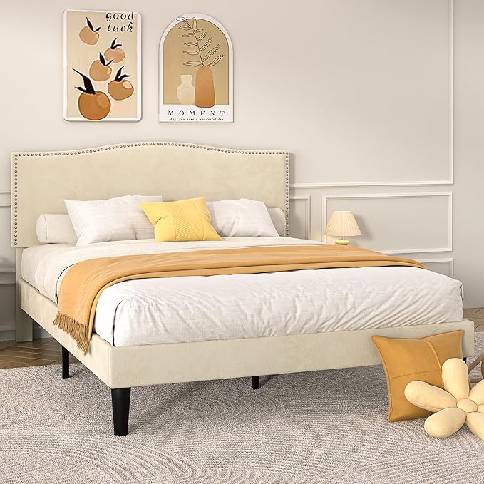 VECELO Full Bed Frame, Platform Bed Frame with Adjustable Height Upholstered Headboard, Heavy-Duty Frame and Strong Wooden Slats Support, Non-Slip and Noise-Free, Easy Assembly, Beige