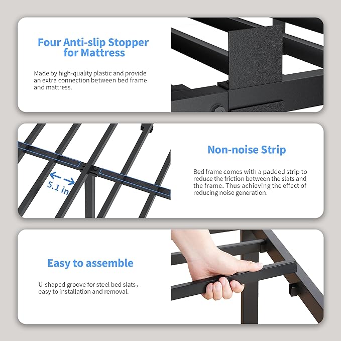 ROIL 14 inch Full Size Bed Frame with Headboard Hole and Round Corner Legs Mattress Retainers 3500LBS Heavy Duty Steel Slats No Box Spring Needed Platform Noise-Free Underneath Storage