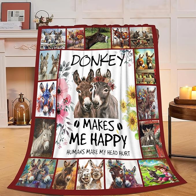 Donkey Blanket Soft Cozy Donkey Plush Throw Blanket Farm Donkey Stuff Decor Warm Lightweight Animal Flannel Fleece Blanket Giftsfor Lover Girls Kids Boys Women Adults Bed Travel 60"x80"