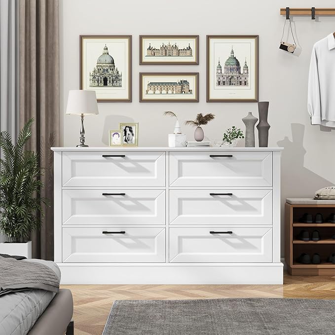 White Dresser for Bedroom with 6 Drawer, Bedroom Furniture Organizer Storage, Wood Double Dresser & Chest of Drawers, Modern Farmhouse Style, Dressers for Closet, Living Room 30” Tall