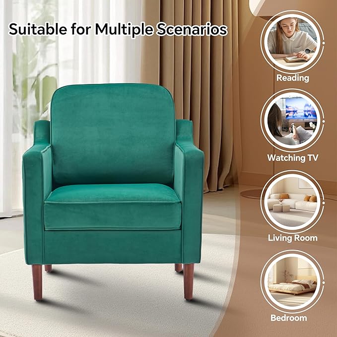 Mid Century Modern Accent Chair, Upholstered Reading Armchair for Living Room, Velvet Comfy Sofa Chair with Wood Legs for Bedroom, Office, Waiting Room, Green