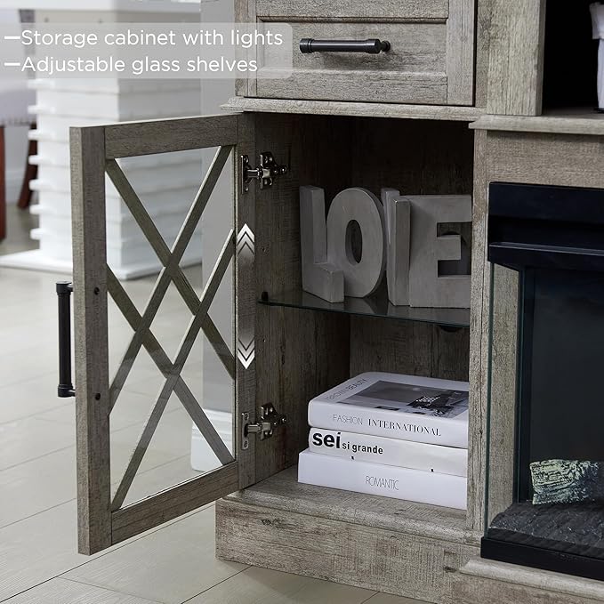 OKD 70'' TV Stand with 36'' Electric Fireplace, Media Entertainment Center for TVs Up to 80'', Modern Farmhouse 3-Sided Glass TV Stand with 3 Color Lights & 5 Flame Speeds, Light Rustic Oak