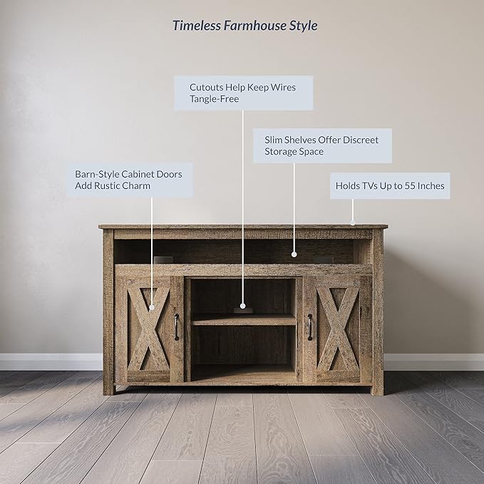 BELLEZE Modern 48 Inch Barn Door Wood TV Stand & Media Entertainment Center Console Table for TVs up to 50 Inches with Two Open Shelves and Cabinets - Corin (Classic Wood)