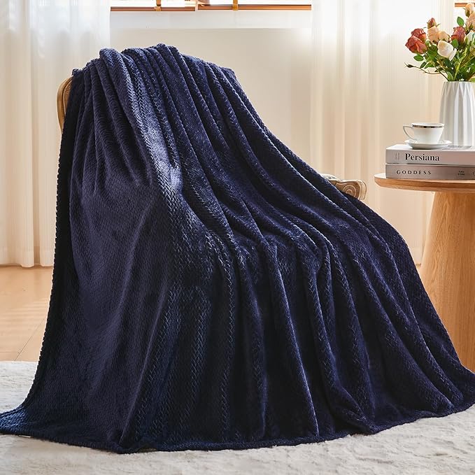 NEWCOSPLAY Super Soft Twin Blanket Dark Navy Premium Silky Flannel Fleece Leaves Pattern Lightweight Bed Blanket All Season Use (Dark Navy, Twin(60"x80"))