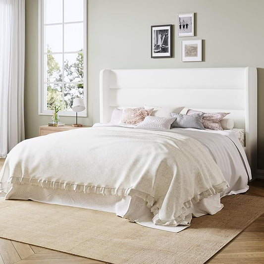 Allewie Queen Size Platform Bed Frame with Velvet Upholstered Wingback Headboard, No Box Spring Needed, Under Bed Storage Space, Strong Wooden Slats, Modern Mattress Foundation, Easy Assembly, White