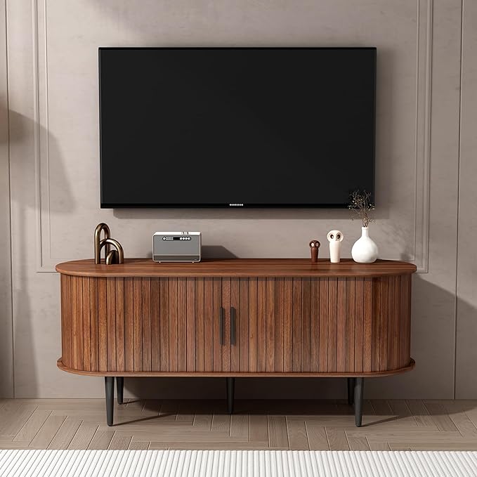 47" Mid-Century Modern TV Stand with Sliding Door & Storage | Walnut Media Console for Living Room | Gaming Entertainment Center Cabinet for Bedroom/Office (47")