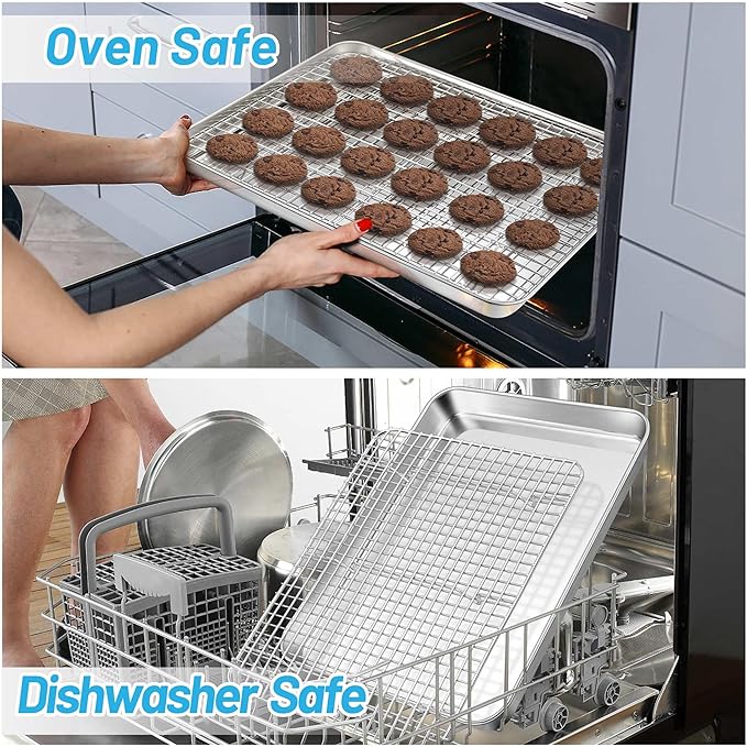 TeamFar Baking Sheet with Rack, 17.6 x 13 x 1 Inch Stainless Steel Baking Tray Pan Cookie Sheet with Cooling Rack Set for Baking/Roasting/Cooling, Non-Toxic & Heavy Duty, Dishwasher Safe