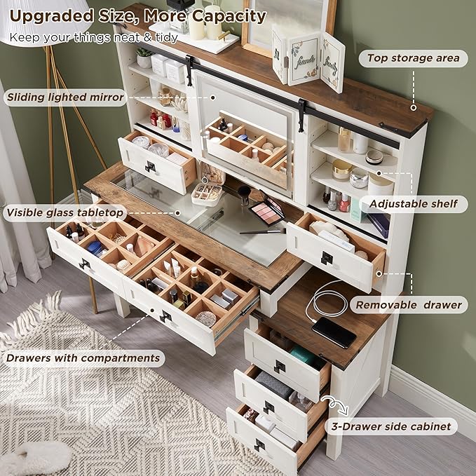 T4TREAM 48'' Farmhouse Makeup Vanity Desk with Sliding HD Mirror and Lights, Big Modern Lighted Vanity Table with 7 Drawers & Shelves, Rustic Large Dressing Table, Antique White