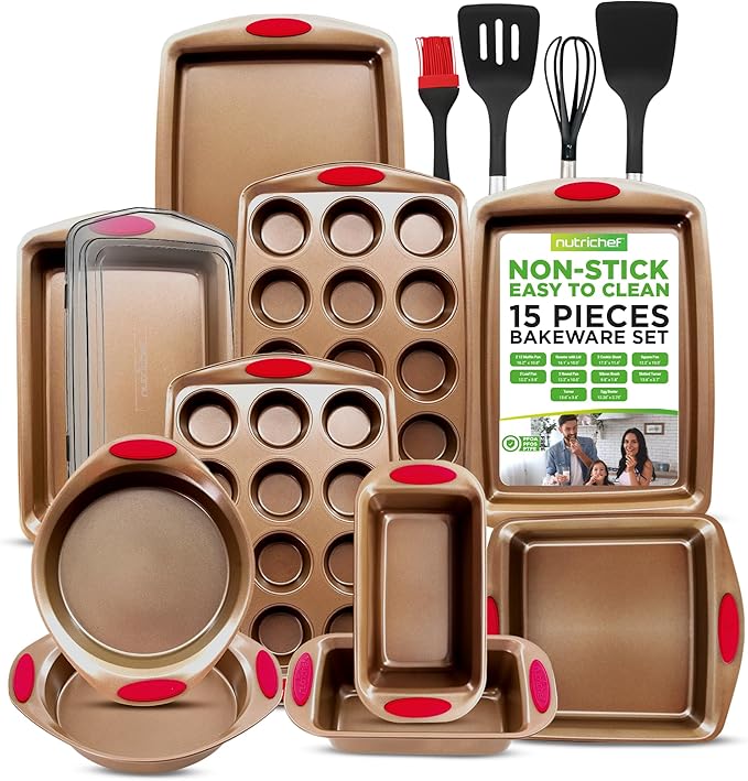 NutriChef 15-Piece Non-Stick Baking Pan Set - Durable Carbon Steel Bakeware Set with Loaf & Muffin Pans, Square & Round Cake Pans, Roaster Pan with Lid, Cookie Sheet, & Nylon Utensils - Gold