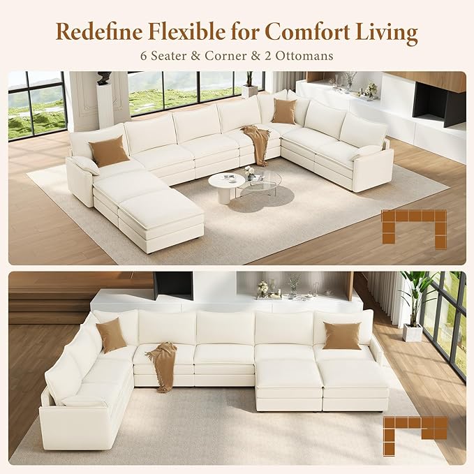 Vesgantti Large Modular Sectional Sofa, Big Comfy Cloud Couch with Ottoman Deep Seat Chenille Cloud Sofa, 9 Seater Large Sectional Couches for Living Room, Bedroom and Apartment, Snow White