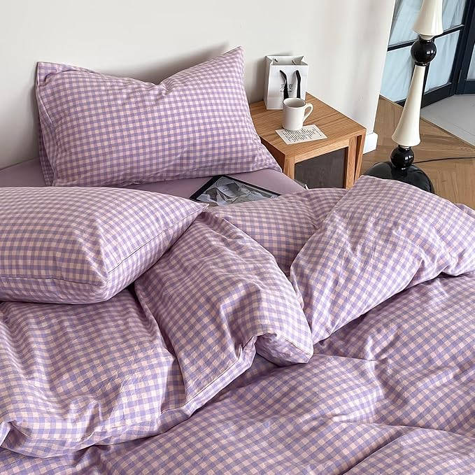 mixinni Purple Gingham Comforter Set Twin XL, Plaid Comforter Set 3 Pieces 1 Purple Grid Comfoter with 2 Pillow Cases for All Seasons, Soft Fluffy Modern Grid Pattern Printed Bedding-Twin XL Size