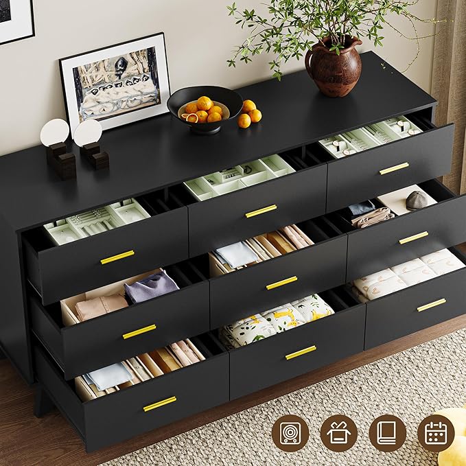 Dresser for Bedroom with 9-Drawer, 59" Wide Modern Chest of Drawers with Metal Handles, X-Shape Base & Adjustable Center Leg, Anti-Tip Closet Organizers and Storage