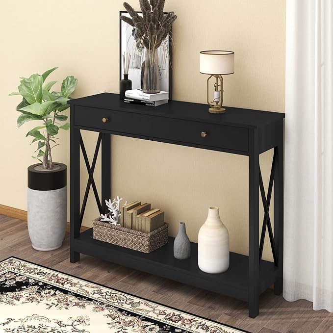 Treocho Black Console Table with Drawer and Storage Shelves, Foyer Sofa Table Narrow for Entryway, Living Room, Hallway