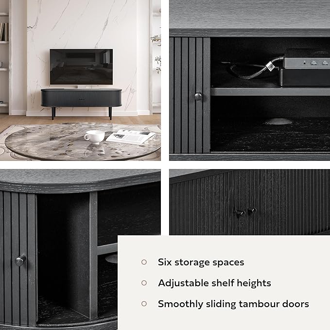 WERMO 55’’ Black TV Stand with Storage and Shelves for 32-60 Inch TVs. Black Entertainment Center with Doors for Living Room and Bedroom, Mid Century Modern Console Table, Media Cabinet (Black Oak)