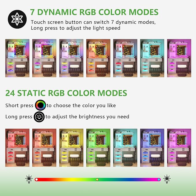 HENBC Vanity Desk with Sliding Mirror and Glass Desktop, LED Vanitys Mirror with RGB Lights Desk and Chair, Dressers Table Set with Charging Station/Makeup Organizer/6 Drawers for Bedroom(White)