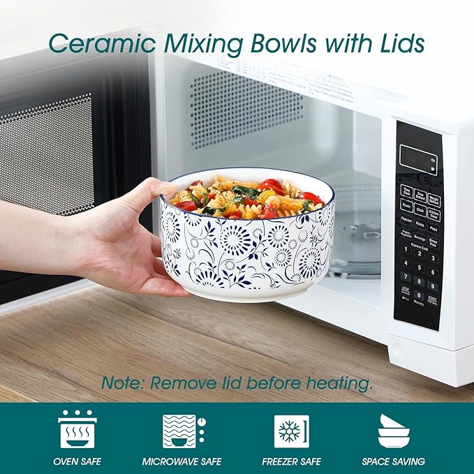 vancasso 36 Oz Mixing Bowls with Lids Set of 4,Ceramic Serving Bowls,Porcelain Bowls with Lids for Food Storage, Mixing Bowls for Kitchen, Microwave & Dishwasher Safe,Series SELENE (4PCS)