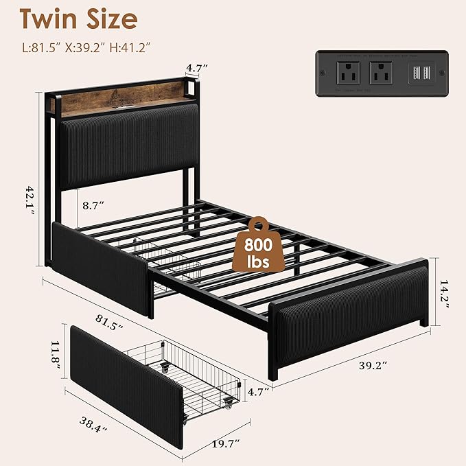 Twin Size Bed Frame with 2 Storage Drawers and Charging Station, Rustic Linen Upholstered Platform Bedframe with Storage Headboard, Heavy Duty, No Box Spring Needed, Easy Assembly, Noise Free, Black