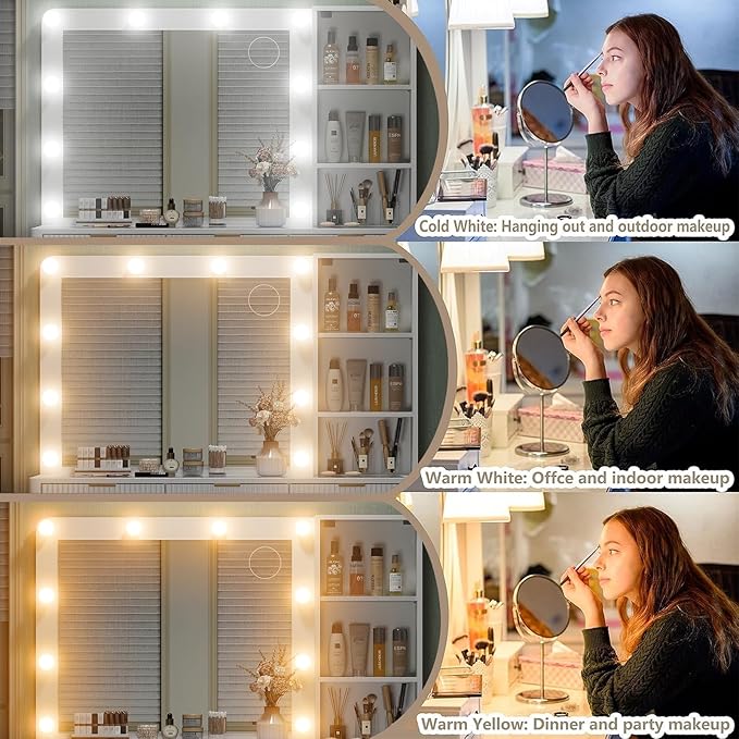 7 Drawers Fluted Vanity Desk with Charging Station, 47'' W Makeup Vanity with LED Lights and HD Mirror, 3 Lighting Modes Adjustable, Glass Top, Vanity Set for Bedroom,White