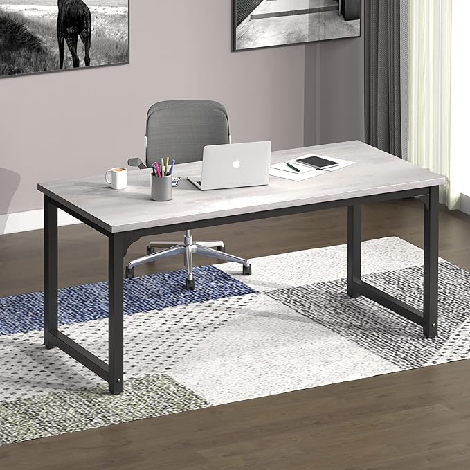 NSdirect 63" Large Computer Desk,Modern Simple Style PC Table Office Desk Wide Workstation for Study Writing,Gaming and Home Office,Extra 1" Thicker Wooden Tabletop and Black Metal Frame,White+Black