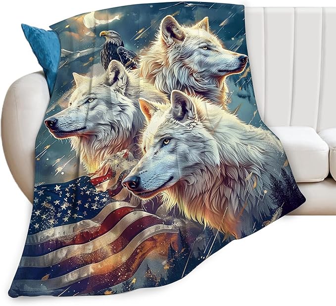 American Wolf and Eagle Throw Blanket With Flag Design - Soft Warm Fleece for Couch, Sofa, Bed - Gift for Women, Men, Girls, Boys - 60"x50"