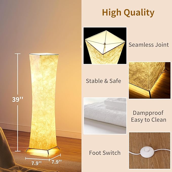 chiphy Floor Lamp, Dimmable 39" (XS) Tall Standing Lamp, 3 Levels Adjustable Brightness 12Wx2 LED Bulbs, Column Floor Light w/White Fabric Shade, Home Decor for Living Room, Bedroom, Kids Room