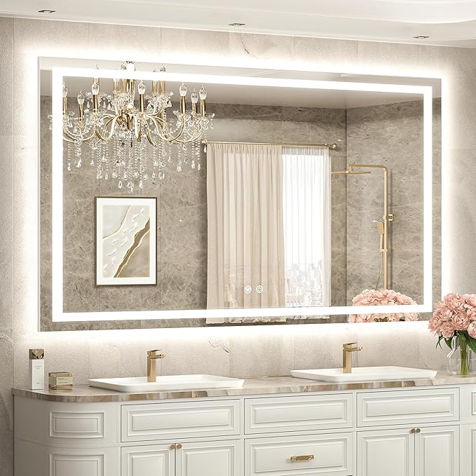 TETOTE 60 x 40 LED Lighted Bathroom Mirror with Lights, Brighter Frontlit and Backlit Led Mirror for Bathroom Wall, Light up Vanity Anti Fog Mirror, 3-Color Dimmable, Waterproof, Tempered Glass