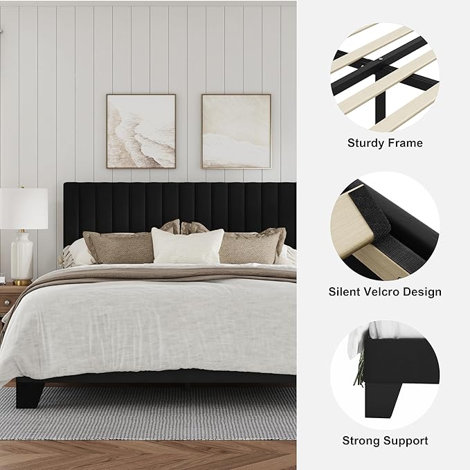 Queen Size Bed Frame, Velvet Upholstered Platform Bed with Adjustable Tufted Headboard, Sturdy Frame and Slats, Noiseless, No Box Spring Required, Easy to Assemble, Black