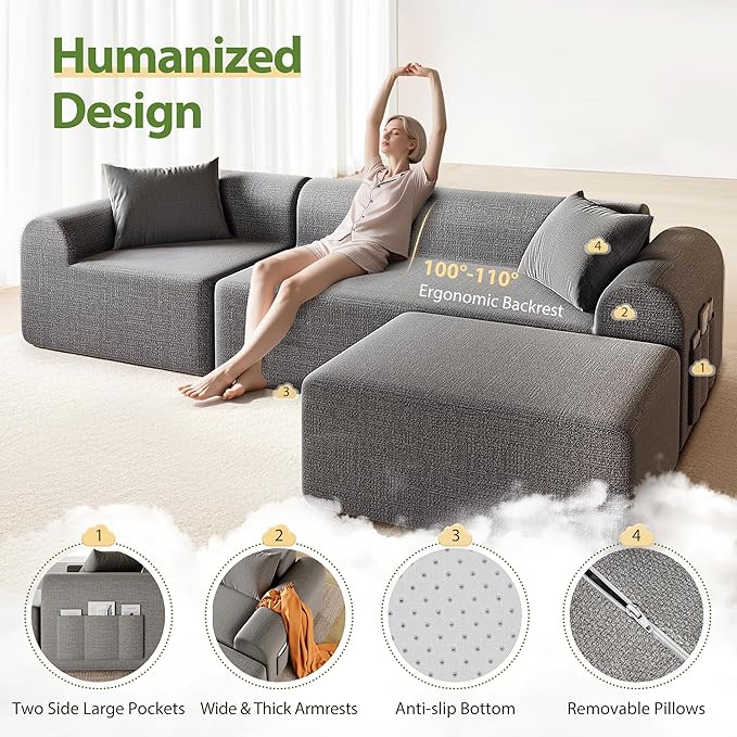 105.5" Boneless Sofa for Living Room, Cloud Sectional Couch Ottoman & 4 Pillows, 4-Seater Comfy Compressed Sofa L Shaped Sectional Couch, No Assembly Required, 72h to Restore