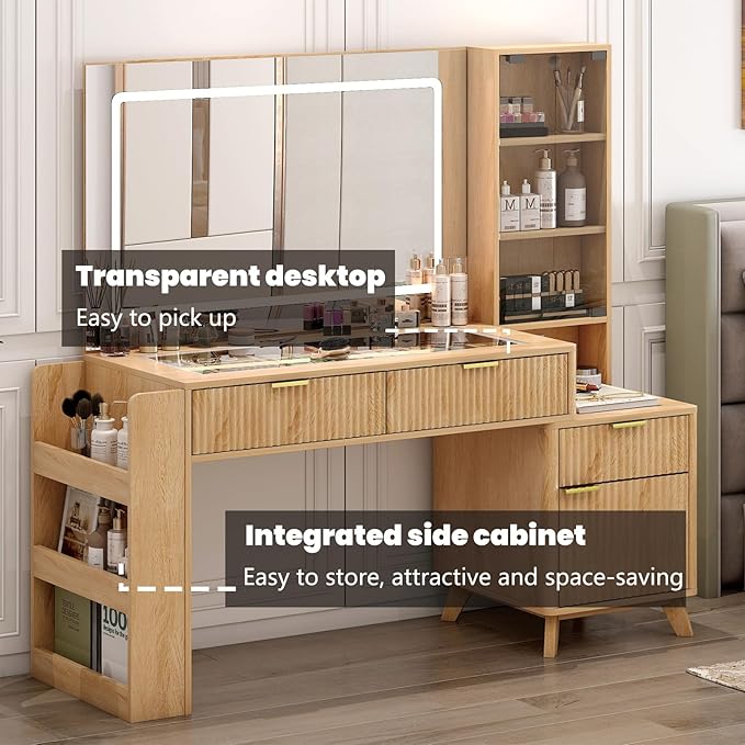 52" Fluted Vanity Desk with Large 34" Mirror and Lights 3 Colors, Big Makeup Vanity Desk with Transparent Top & Power Outlet, Dressing Table with Drawers, Side Cabinet, Dresser for Bedroom (Oak)