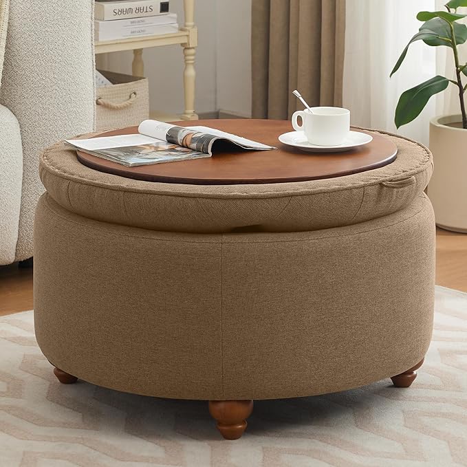 30Inch Round Storage Ottoman with Tray, Modern Tufted Fabric Circle Coffee Table with Storage, Upholstered Ottoman with Removable Top for Living Room, Bedroom, Brown