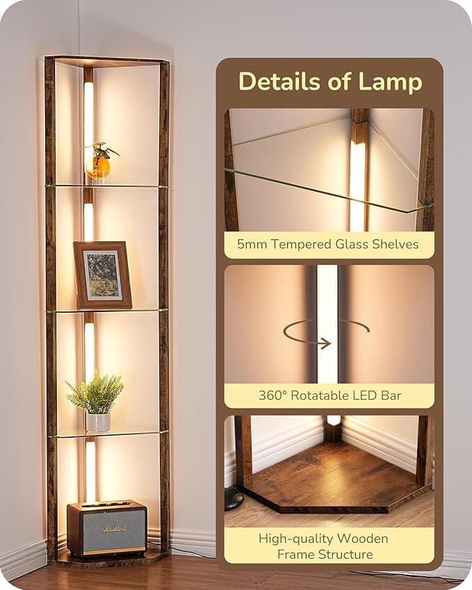 EDISHINE Corner Shelf with Light, 5-Tier Glass Display Shelf with Remote/Foot Control, 3CCT & Dimmable Corner Lamp, Open Display Cabinet, Standing Lamp for Living Room, Bedroom, Flamewood Color