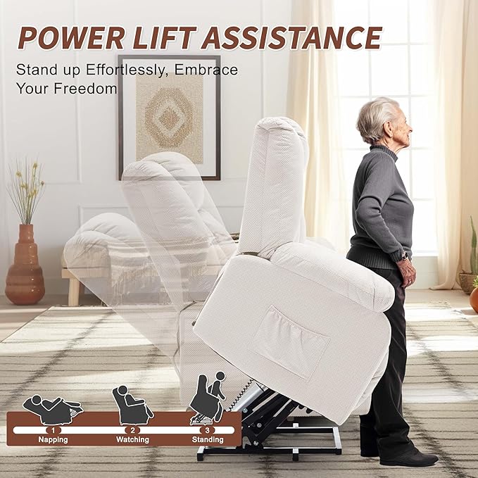 Oversized Dual Motor Power Lift Recliner for Adults, Electric Lift Chair with Heating and Massage, Waffle Fabric Electric Recliner Chair with Side Pockets, Wide Recliner for Living Room