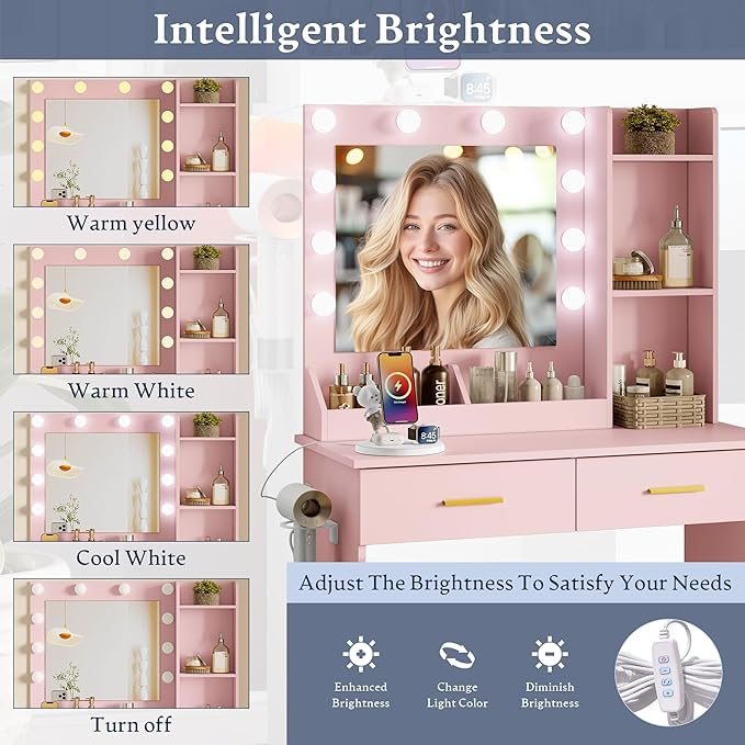Makeup Vanity Desk with Mirror and Lights, Small Makeup Vanity Table Set with Drawers, Power Outlet & Storage Stool, White Vanity with 3 Lighting Modes LED for Women Girls Bedroom