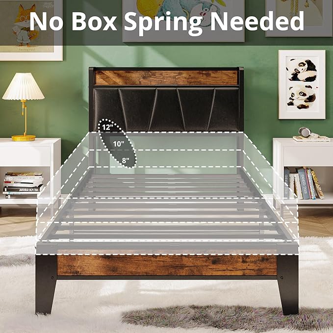 LIKIMIO Twin XL Bed Frames, Storage Headboard with Charging Station, Solid and Stable, Noise Free, No Box Spring Needed, Easy Assembly (Vintage and Black)