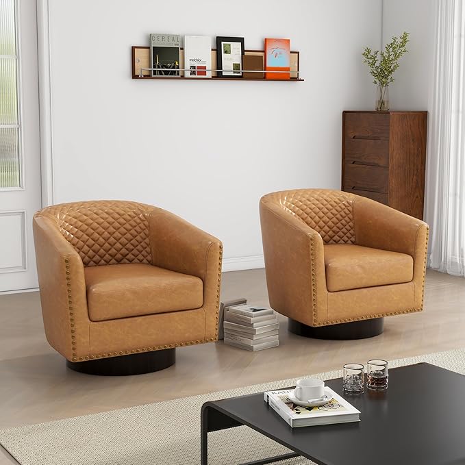 Swivel Barrel Accent Chair, Comfy Modern Upholstered Round Faux Leather Arm Chair for Living Room, Bedroom（Coffee, Set of 2