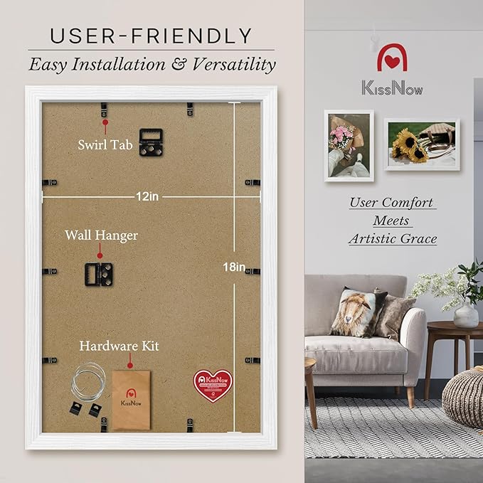 12x18 Poster Frame 4 Pack, Textured White Solid Wood Picture Frame, Wall Hanging