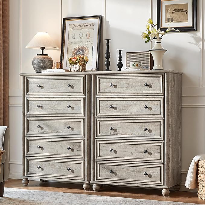 Farmhouse Dresser for Bedroom Set of 2, 5 Drawers Wood 45" Tall Chest of Drawers, Dresser Rustic Storage Dressers Organizer with Metal Handle Closet for Living Room, Hallway Entryway