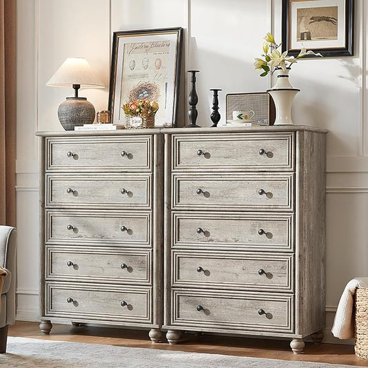 Farmhouse Dresser for Bedroom Set of 2, 5 Drawers Wood 45" Tall Chest of Drawers, Dresser Rustic Storage Dressers Organizer with Metal Handle Closet for Living Room, Hallway Entryway