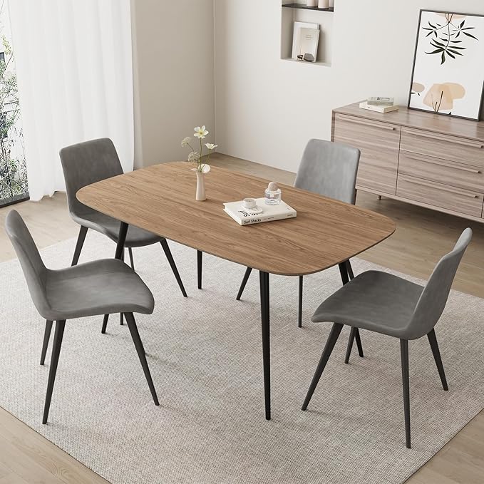 47.2'' Dining Table Set for 4,Modern Wood Dining Table,Leather Dining Chairs 4,Table and Chairs Set of 4,Ideal for Kitchen Dining Room (Walnut Color Table + 4 Gray Chairs, 47.2")