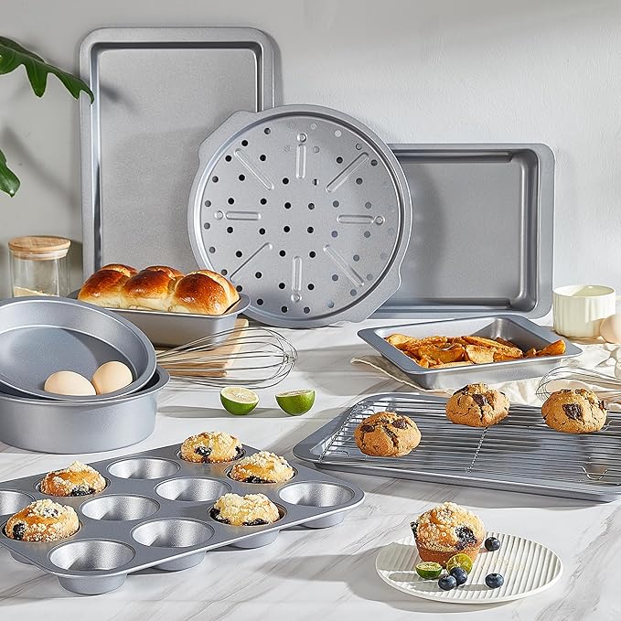 HONGBAKE Bakeware Sets, Baking Pans Set, Nonstick Oven Pan for Kitchen with Wider Grips, 10-Piece Including Rack, Cookie Sheet, Cake Pans, Loaf Pan, Muffin Pan, Pizza Pan - Sliver