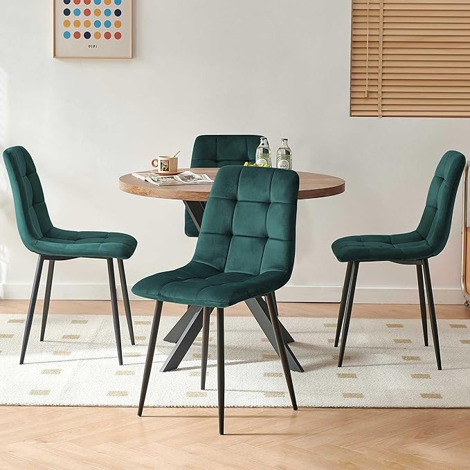 37" Round Table Set for 4 Person, Modern Kitchen Table Set, Imitation Wood Dining Table with Space Saving Dining Chairs, Dark Green Velvet Side Chairs