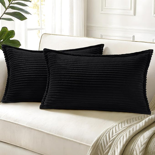 decorUhome Corduroy Black Throw Pillow Covers 12x20 Set of 2 Decorative Soft Boho Striped Lumbar Neutral Euro Farmhouse Couch Pillow Covers with Broadside for Living Room Bed Sofa