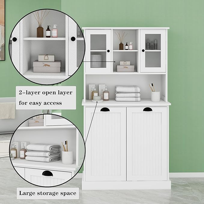 Tall Bathroom Laundry Cabinet with Tilt Out Laundry Hamper, Laundry Room Storage Cabinet with Two Glass Doors, Display Shelves, White (32.68" W x 14.57" D x 59.69" H)