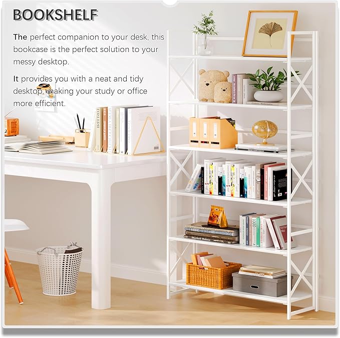 4NM Extra Wide 6 Tiers No Assembly Book Shelves, 61.8" H Folding Bookshelf Bookcase Open Industrial Foldable Shelves for Bedroom, Living Room, Home Office - All White