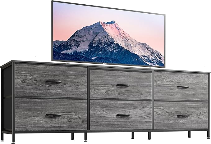 Huuger 63 Inch Long Dresser for Bedroom, Wide TV Stand for 55, 65, 70 Inch TV, 6 Drawer Dresser for Closet with Fabric Drawers, Storage Organizer for Bedroom, Entryway, Grey