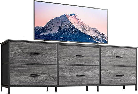 Huuger 63 Inch Long Dresser for Bedroom, Wide TV Stand for 55, 65, 70 Inch TV, 6 Drawer Dresser for Closet with Fabric Drawers, Storage Organizer for Bedroom, Entryway, Grey