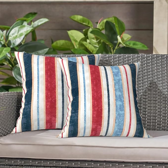 LVTXIII Outdoor Throw Pillows, Decorative Throw Pillows with Inserts, 20"x20" Square Pillows for Bed, Couch, Sofa and Patio Furniture, Set of 2, Stripe Red Blue