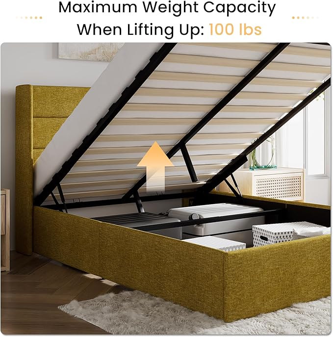 SHA CERLIN Full Size Lift Up Storage Bed/Modern Wingback Headboard/Upholstered Platform Bed Frame/Hydraulic Storage/No Box Spring Needed/Wood Slats Support/Olive Yellow