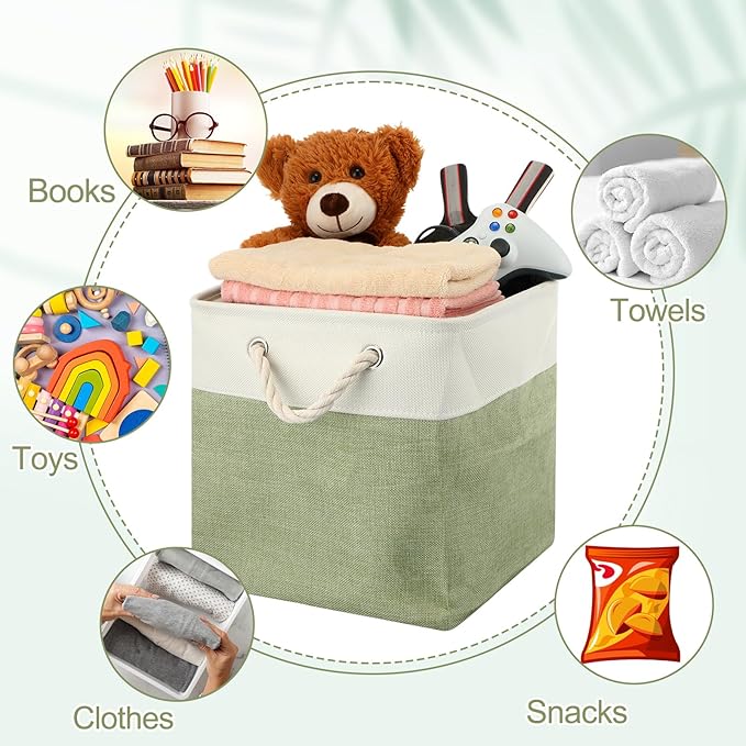 meekoo 8 Pack Collapsible Storage Bins Fabric Storage Bins Polyester Fabric Baskets with Handles Linen Closet Organizer for Shelf Home Closet Towels Toys(12 x 12 x 12 in,Green White)